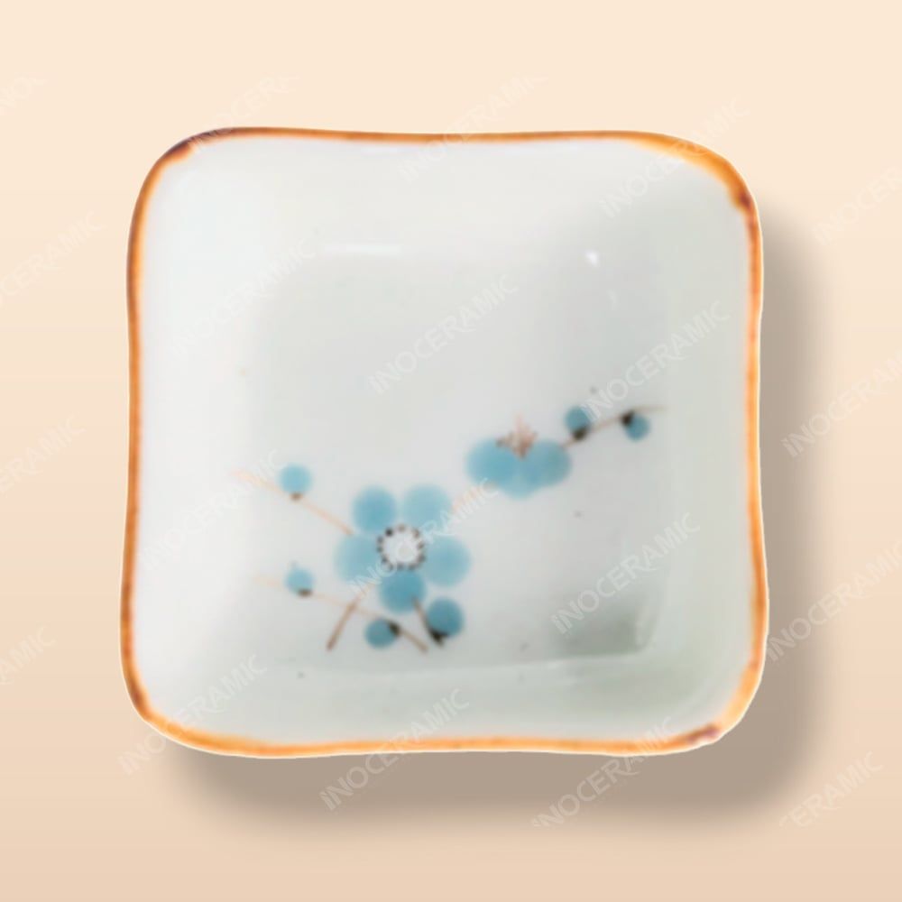 Gia vị vuông - Bộ bàn ăn men kem vẽ Đào xanh