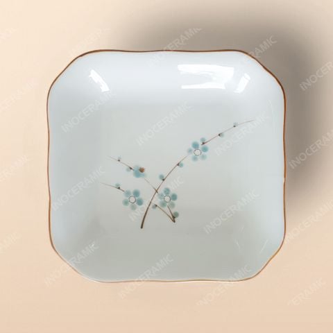 Đĩa vuông cắt góc - Bộ bàn ăn men kem vẽ Đào xanh