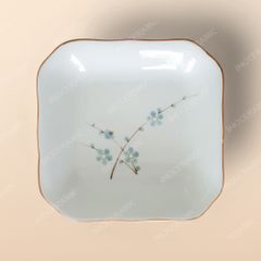 Đĩa vuông cắt góc - Bộ bàn ăn men kem vẽ Đào xanh