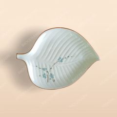 Đĩa lá đề - Bộ bàn ăn men kem vẽ Đào xanh