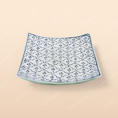 Đĩa vuông vếch - Bộ bàn ăn men xanh Hoa bèo