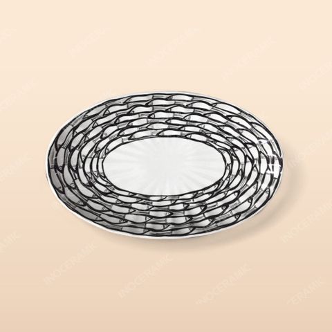 Đĩa bầu dục múi - Bộ bàn ăn Vẽ cá đàn