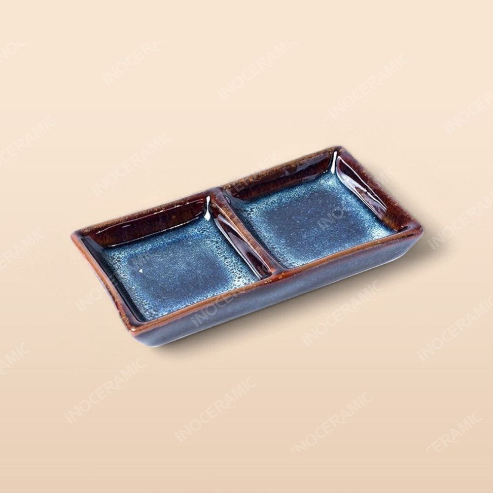 Gia vị chữ nhật 2 ngăn - Bộ bàn ăn men xanh hoả biến