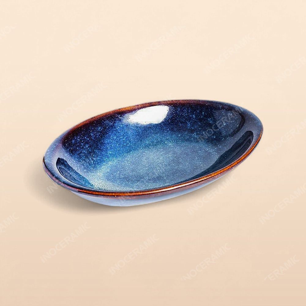 Đĩa bầu dục sâu - Bộ bàn ăn men xanh hoả biến