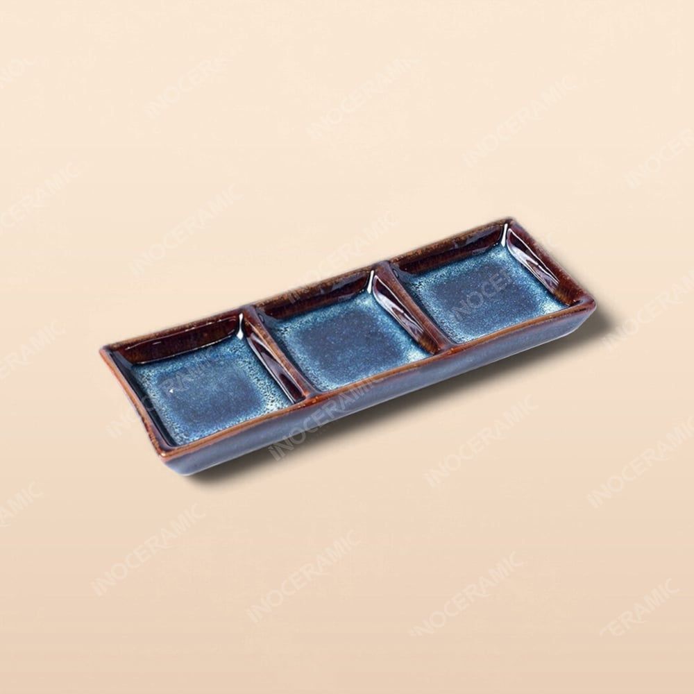 Gia vị chữ nhật 3 ngăn - Bộ bàn ăn men xanh hoả biến