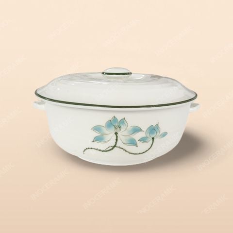 Âu cơm - Bộ bàn ăn men kem vẽ sen xanh