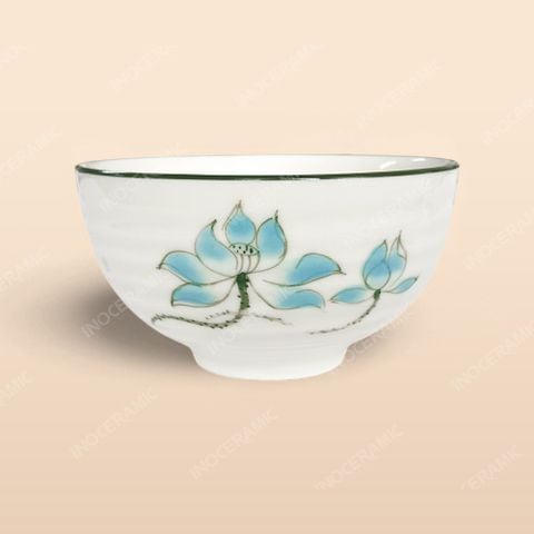 Bát cơm - Bộ bàn ăn men kem vẽ sen xanh
