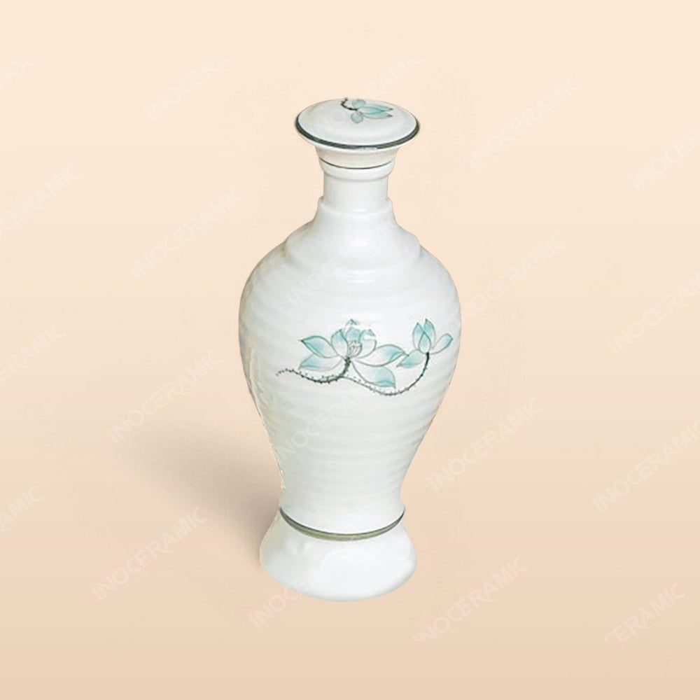 Bình rượu - Bộ bàn ăn men kem vẽ sen xanh