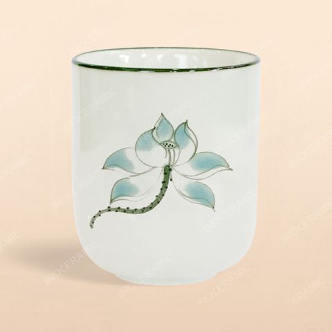 Cốc trà - Bộ bàn ăn men kem vẽ sen xanh