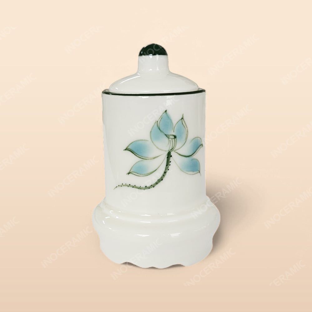 Hũ tăm - Bộ bàn ăn men kem vẽ sen xanh