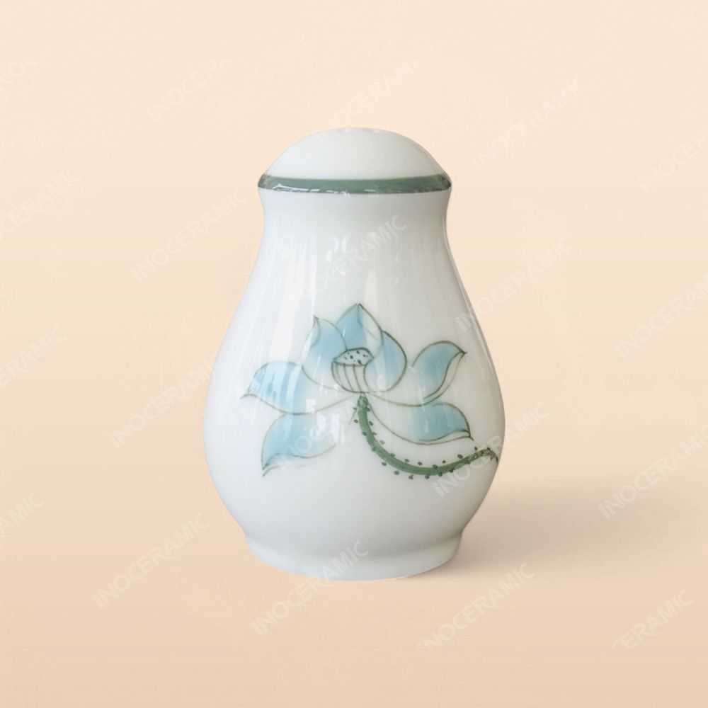 Lọ tiêu - Bộ bàn ăn men kem vẽ sen xanh