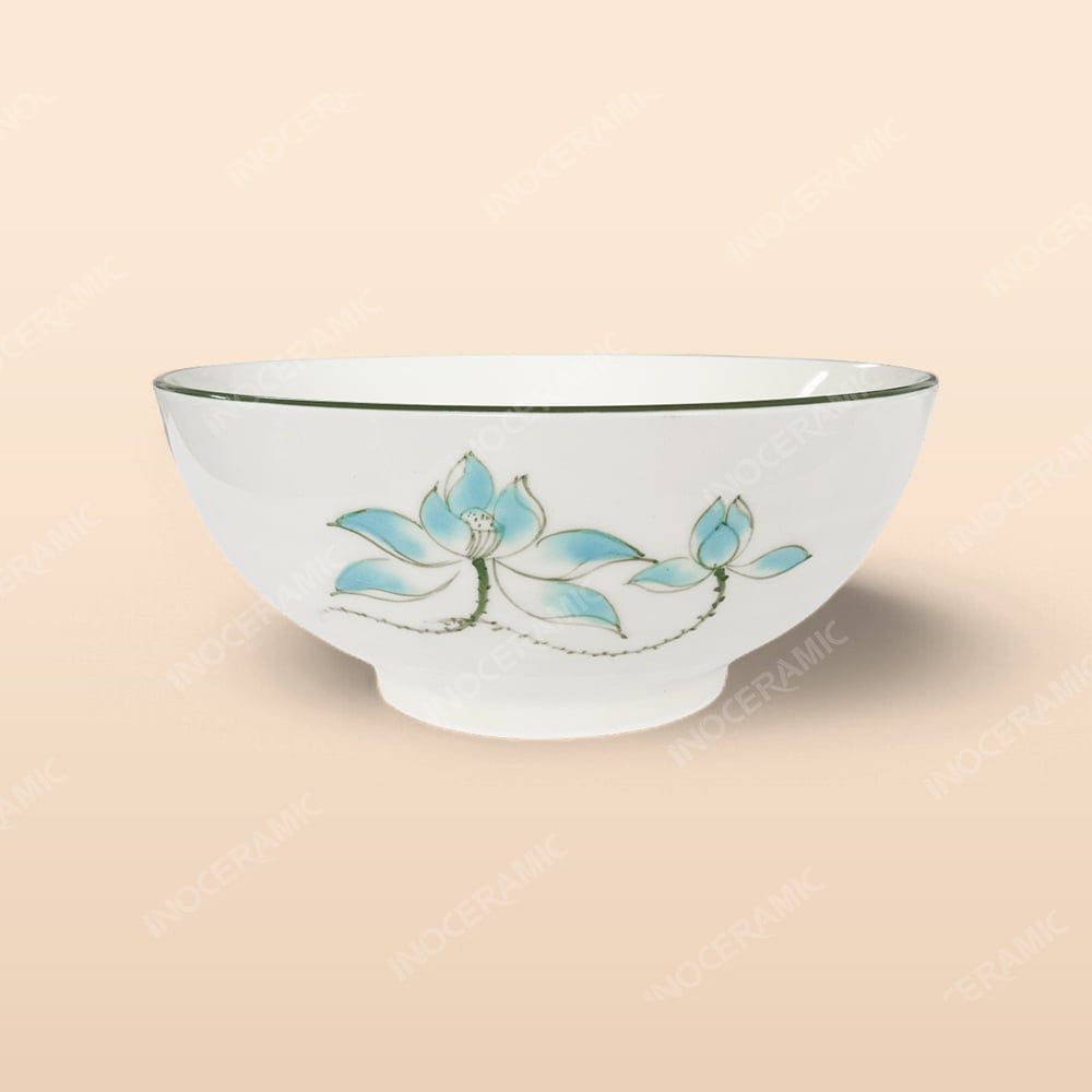 Tô sâu - Bộ bàn ăn men kem vẽ sen xanh