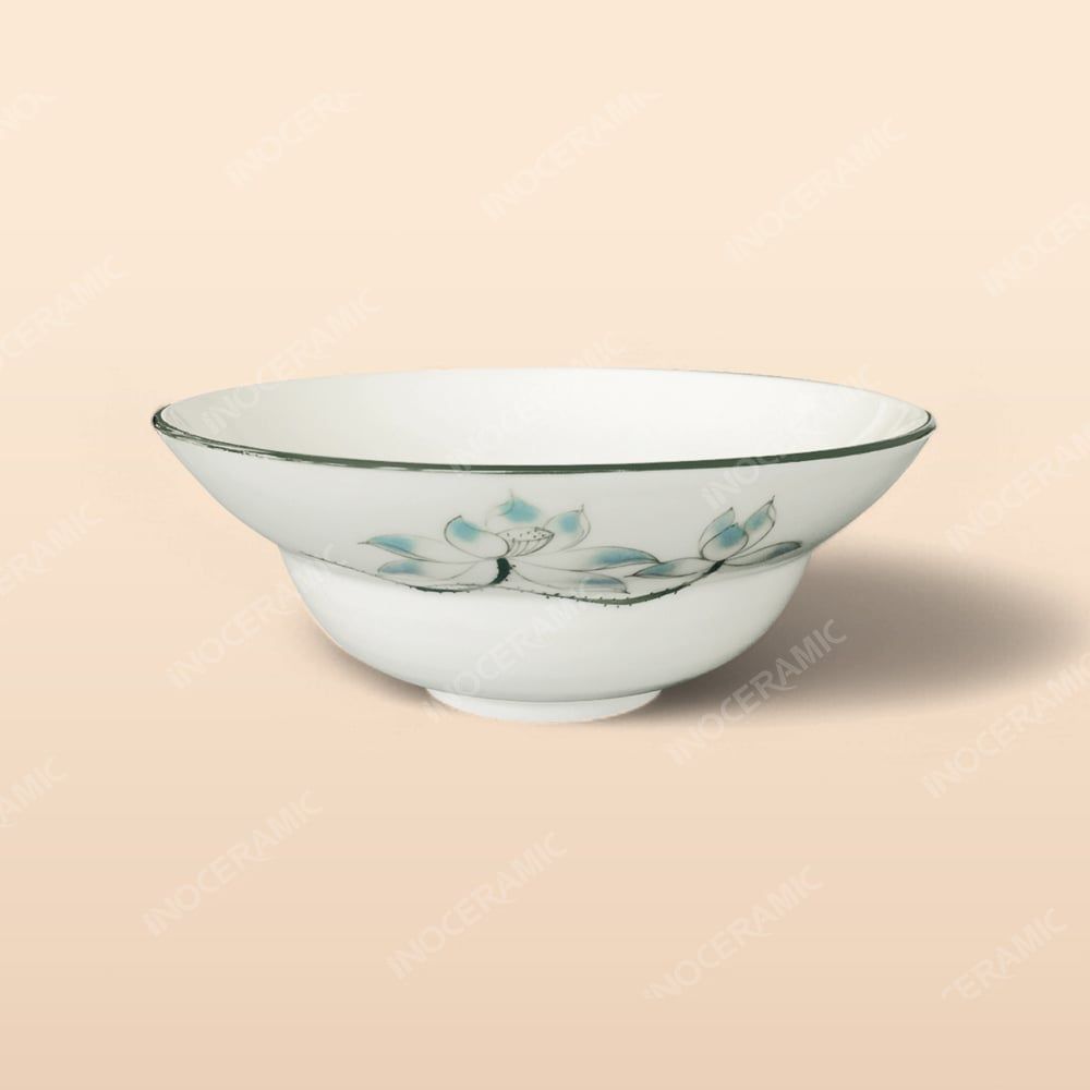 Tô yêu - Bộ bàn ăn men kem vẽ sen xanh