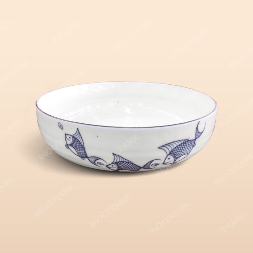 Tô phệ - Bộ bàn ăn men kem vẽ cá xanh
