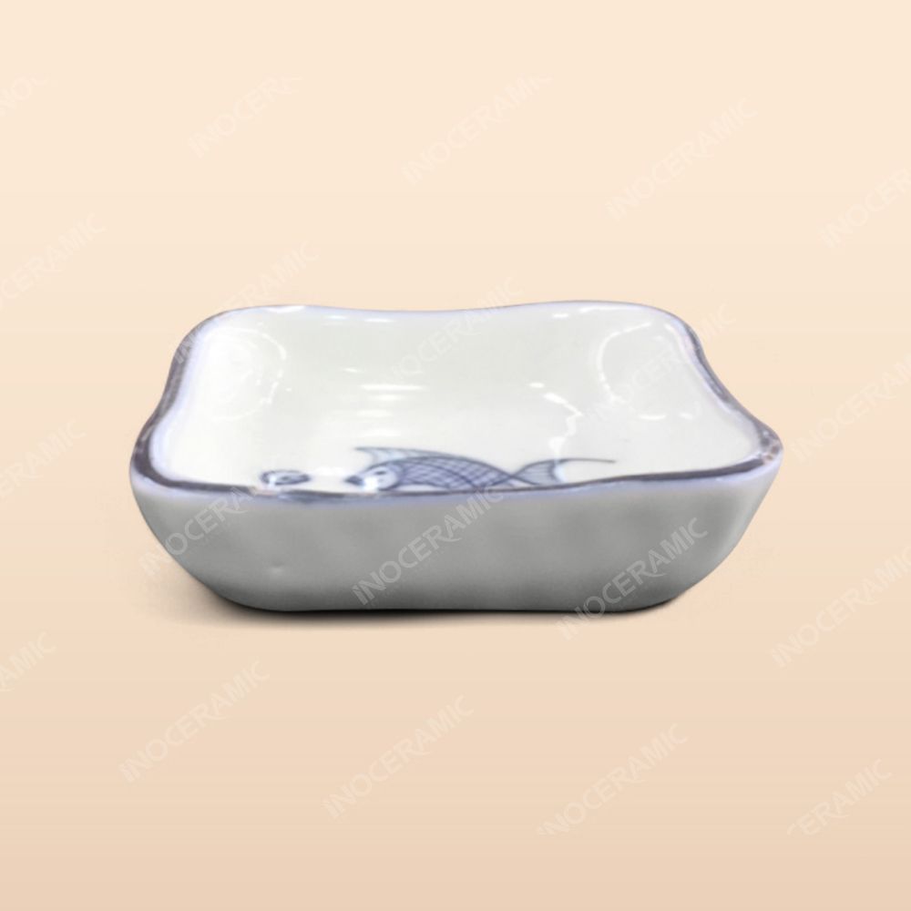 Gia vị vuông - Bộ bàn ăn men kem vẽ cá xanh