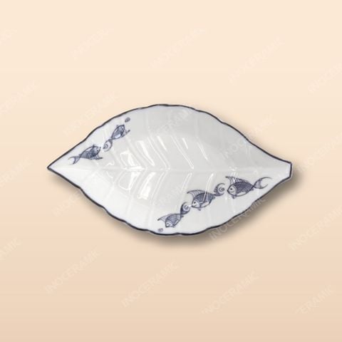 Đĩa lá gân - Bộ bàn ăn men kem vẽ cá xanh