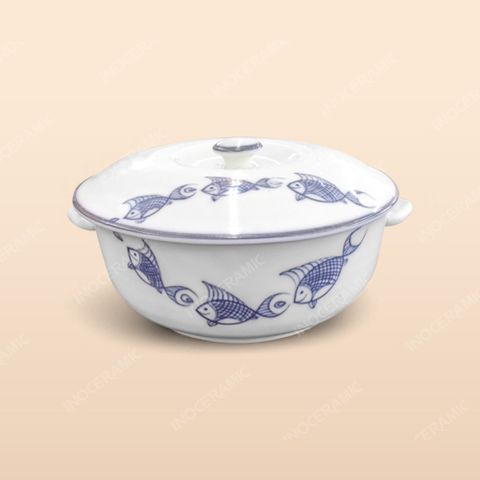 Âu cơm - Bộ bàn ăn men kem vẽ cá xanh
