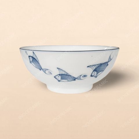 Bát cơm - Bộ bàn ăn men kem vẽ cá xanh