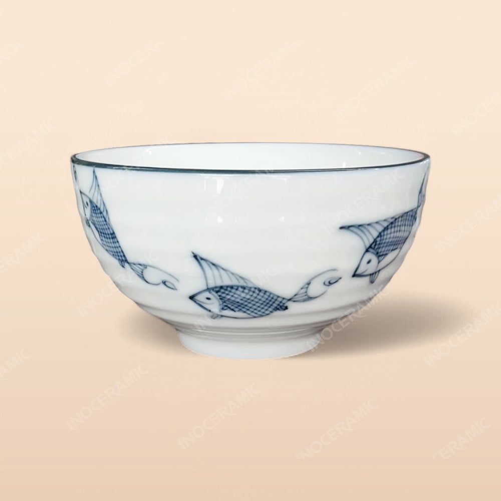Bát súp - Bộ bàn ăn men kem vẽ cá xanh
