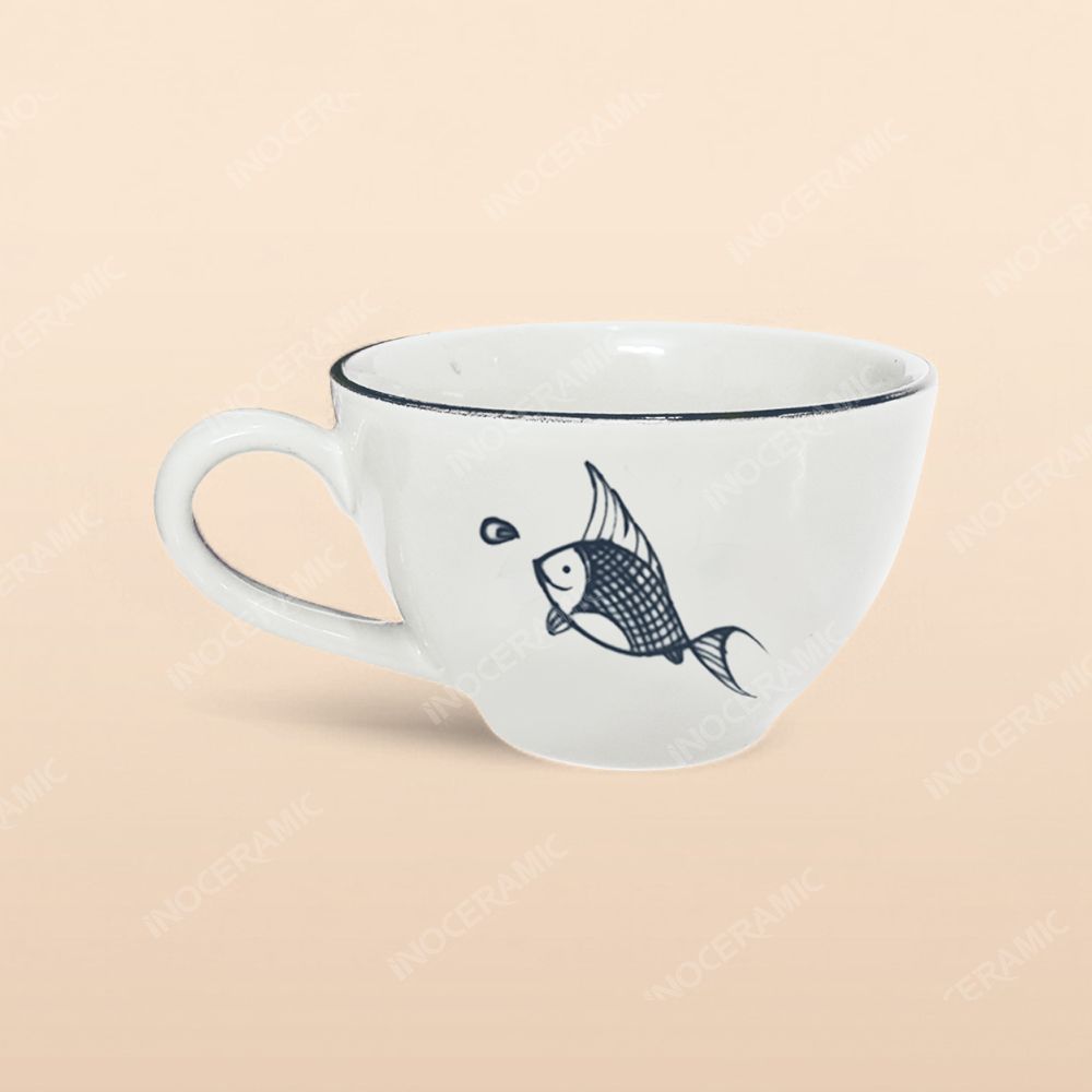 Cốc Cappuccino / Capuchino - Bộ bàn ăn men kem vẽ cá xanh