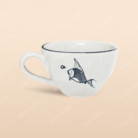 Cốc Cappuccino / Capuchino - Bộ bàn ăn men kem vẽ cá xanh