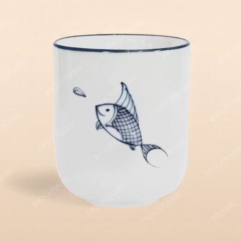 Cốc trà - Bộ bàn ăn men kem vẽ cá xanh