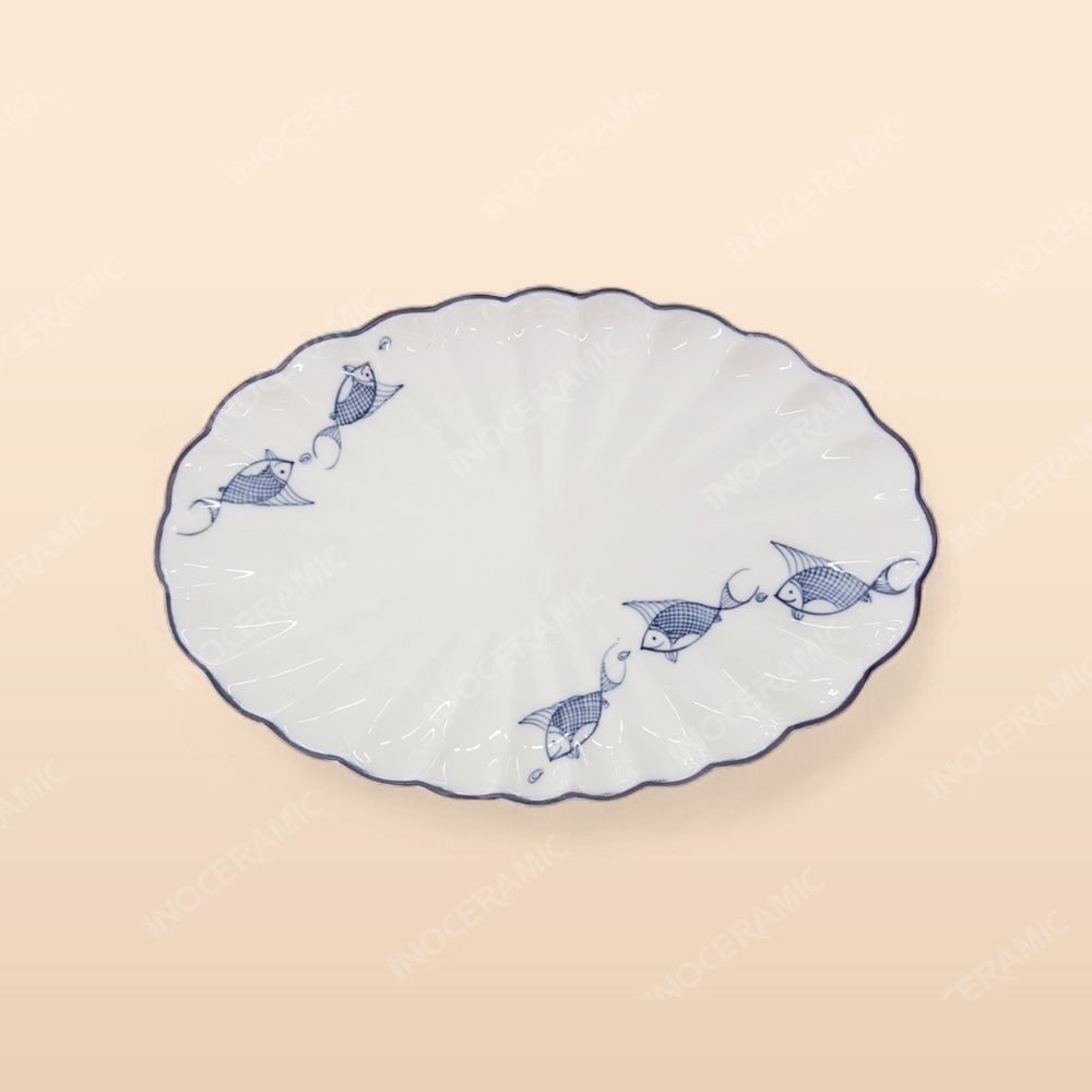 Đĩa bầu dục múi - Bộ bàn ăn men kem vẽ cá xanh