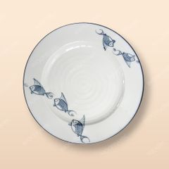 Đĩa tròn 2 lá - Bộ bàn ăn men kem vẽ cá xanh