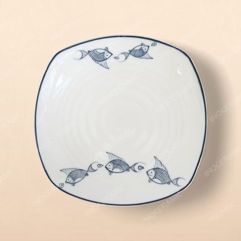 Đĩa vuông ảo - Bộ bàn ăn men kem vẽ cá xanh