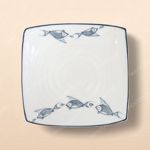 Đĩa vuông - Bộ bàn ăn men kem vẽ cá xanh