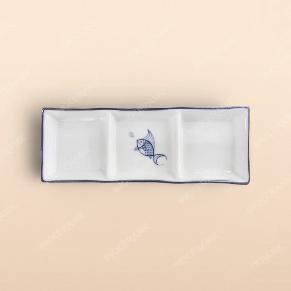 Gia vị chữ nhật 3 ngăn - Bộ bàn ăn men kem vẽ cá xanh