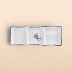 Gia vị chữ nhật 3 ngăn - Bộ bàn ăn men kem vẽ cá xanh