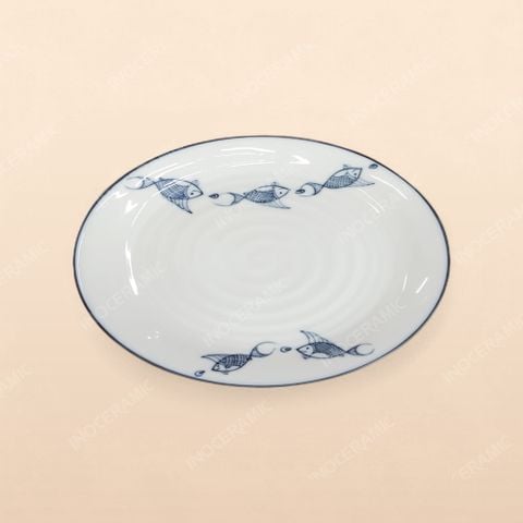 Đĩa bầu dục - Bộ bàn ăn men kem vẽ cá xanh