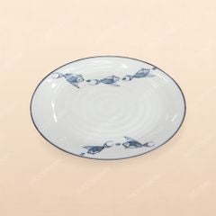 Đĩa bầu dục - Bộ bàn ăn men kem vẽ cá xanh