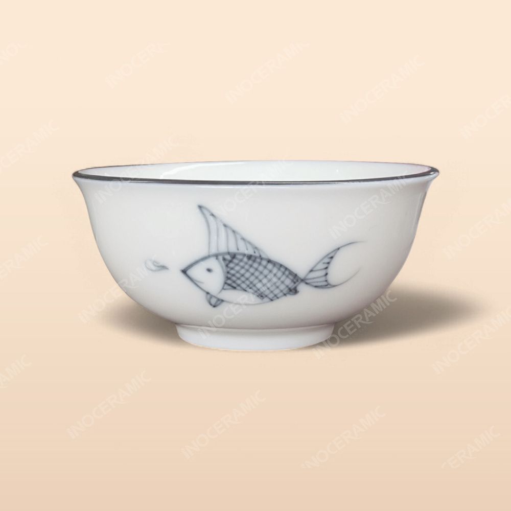 Tô sâu - Bộ bàn ăn men kem vẽ cá xanh