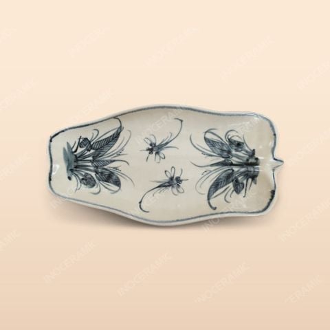 Đĩa lá chuối - Bộ bàn ăn men rạn vẽ chuồn xanh