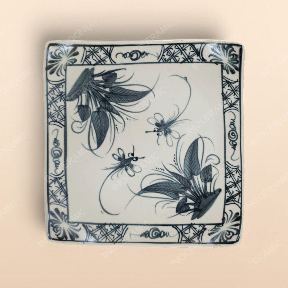 Đĩa vuông - Bộ bàn ăn men rạn vẽ chuồn xanh