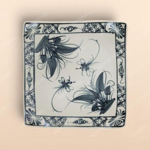 Đĩa vuông - Bộ bàn ăn men rạn vẽ chuồn xanh