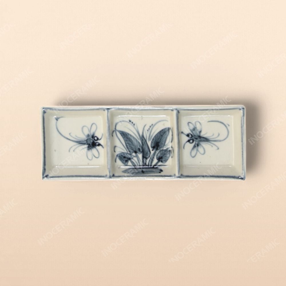 Gia vị 3 ngăn - Bộ bàn ăn men rạn vẽ chuồn xanh