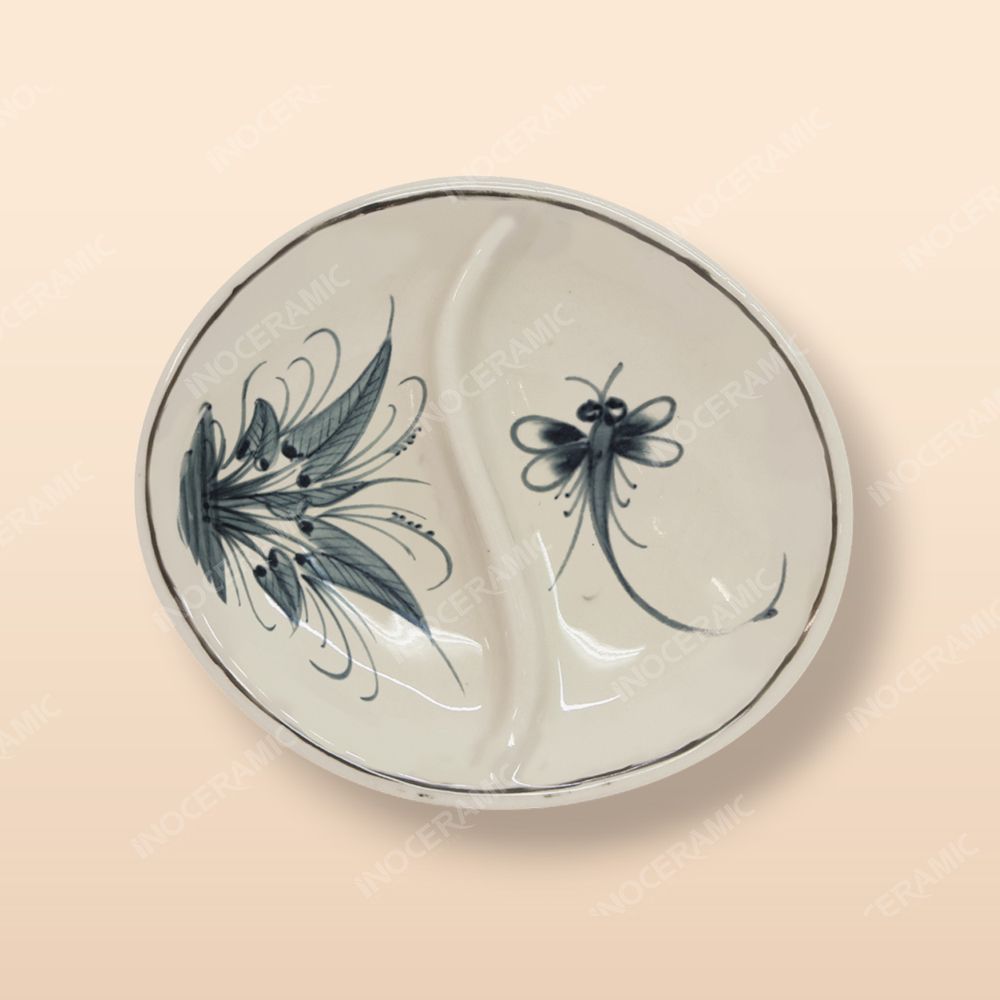 Gia vị 2 ngăn oval - Bộ bàn ăn men rạn vẽ chuồn xanh