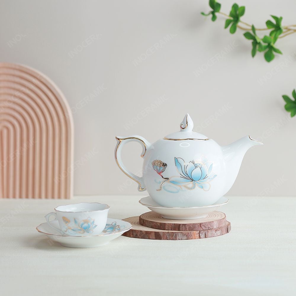 Quà tặng Đại hội Đảng - Bộ ấm trà Mẫu Đơn sen xanh kẻ vàng