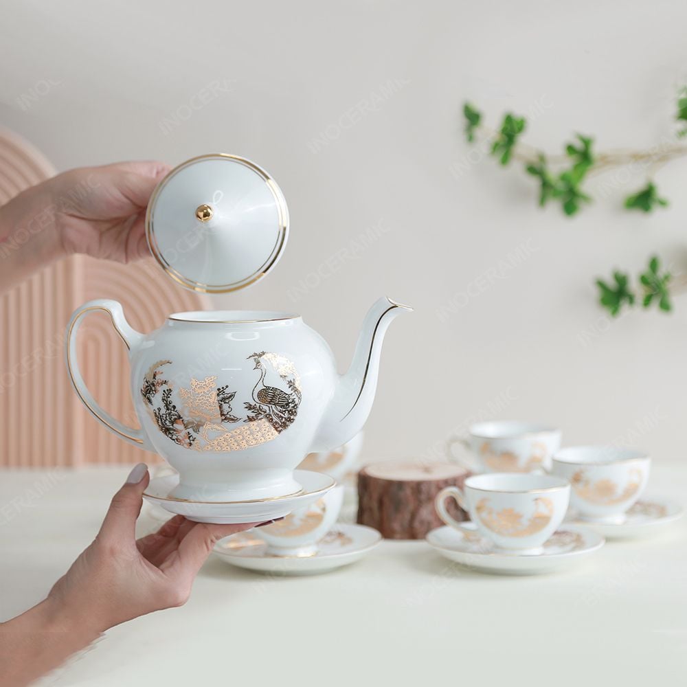 Bộ ấm trà Hoàng Cung Khổng tước kẻ chỉ vàng