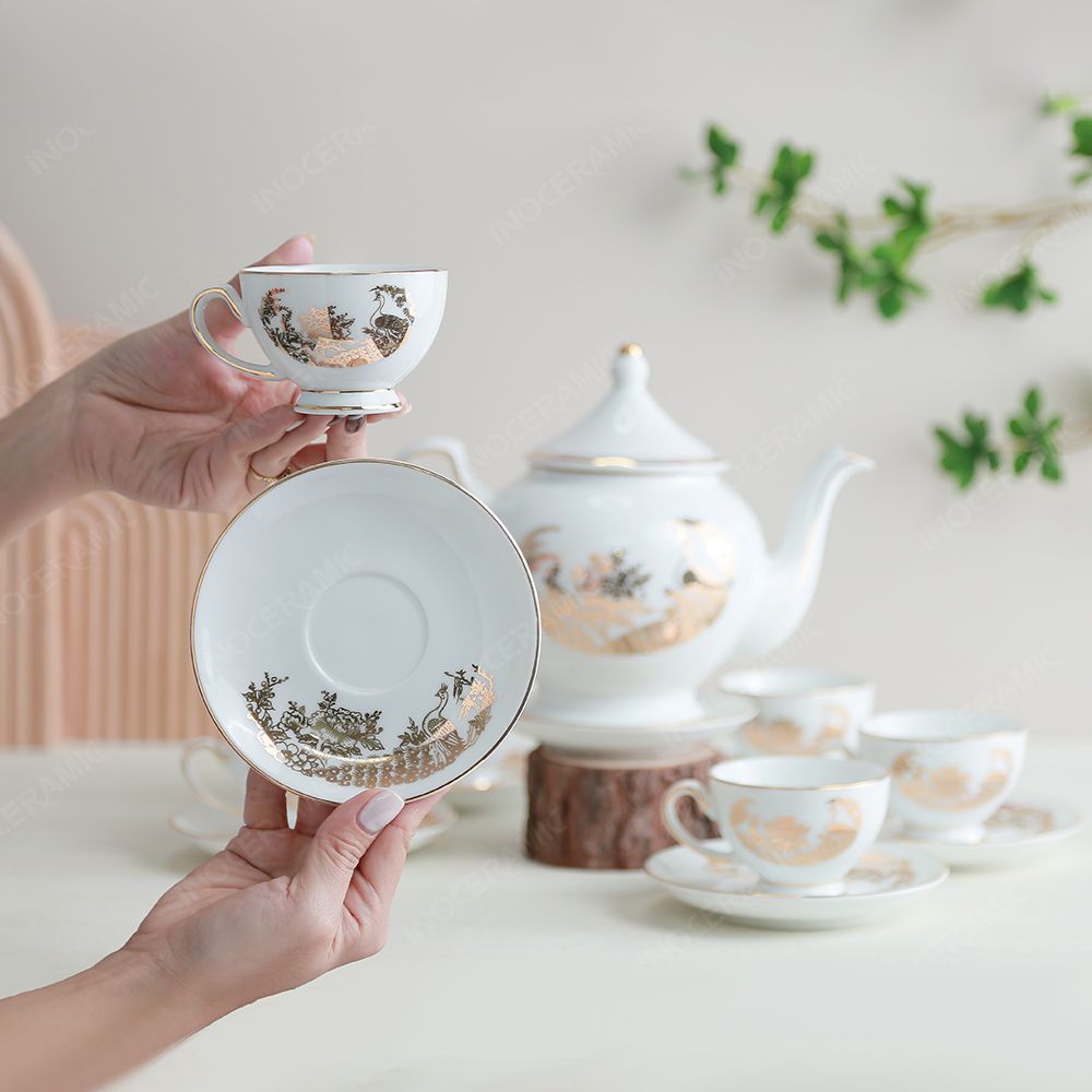 Bộ ấm trà Hoàng Cung Khổng tước kẻ chỉ vàng