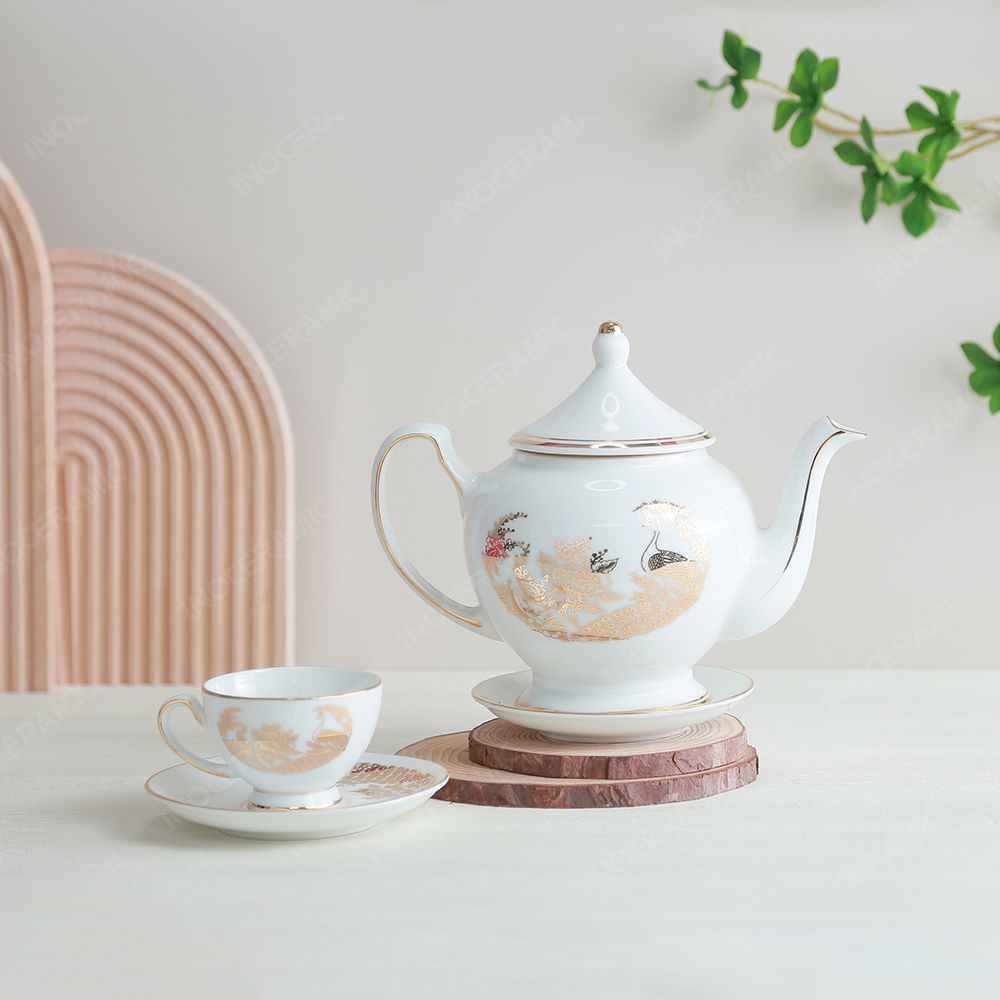 Bộ ấm trà Hoàng Cung Khổng tước kẻ chỉ vàng