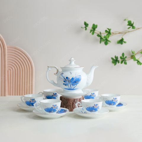 Bộ ấm trà Đài Các sen xanh cobalt vẽ vàng | Quà tặng cho đại hội