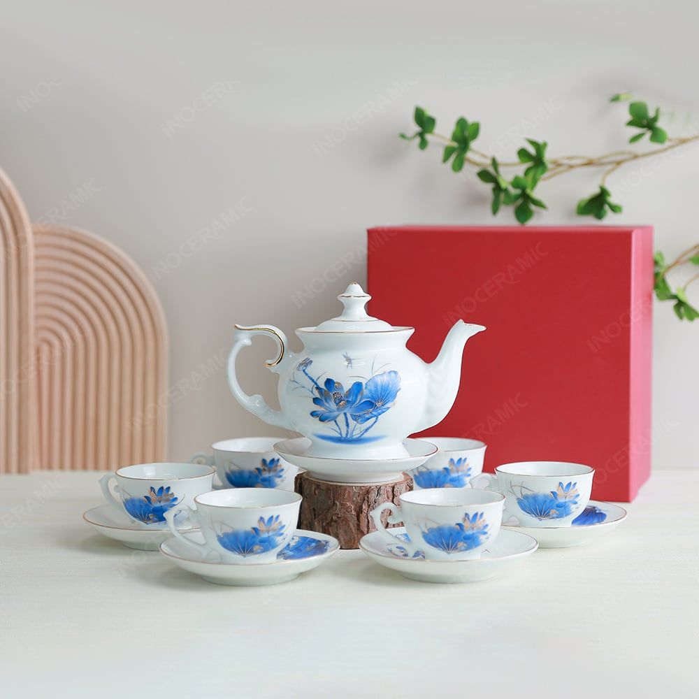 Quà tặng Đại hội Đảng - Bộ ấm trà Đài Các sen xanh cobalt vẽ vàng