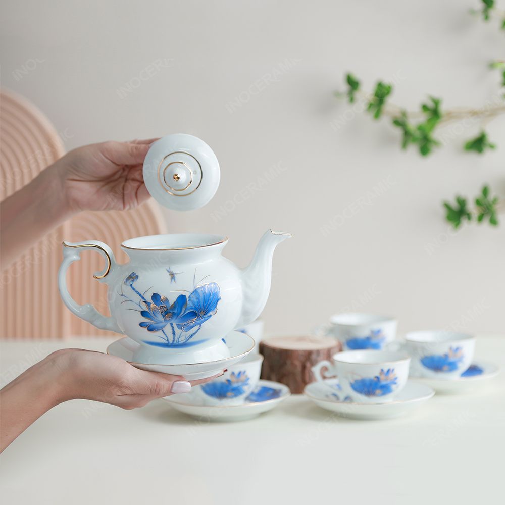 Bộ ấm trà Đài Các sen chuồn xanh chỉ vàng