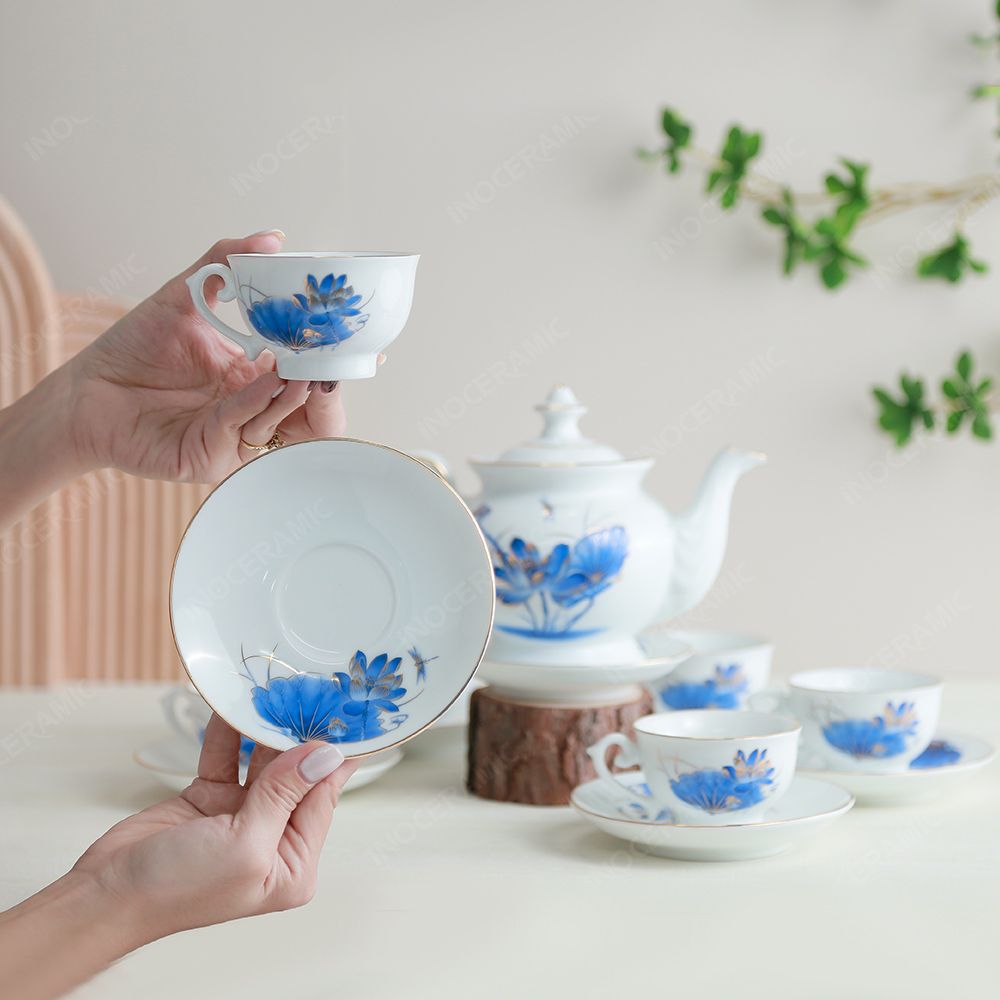 Bộ ấm trà Đài Các sen chuồn xanh chỉ vàng