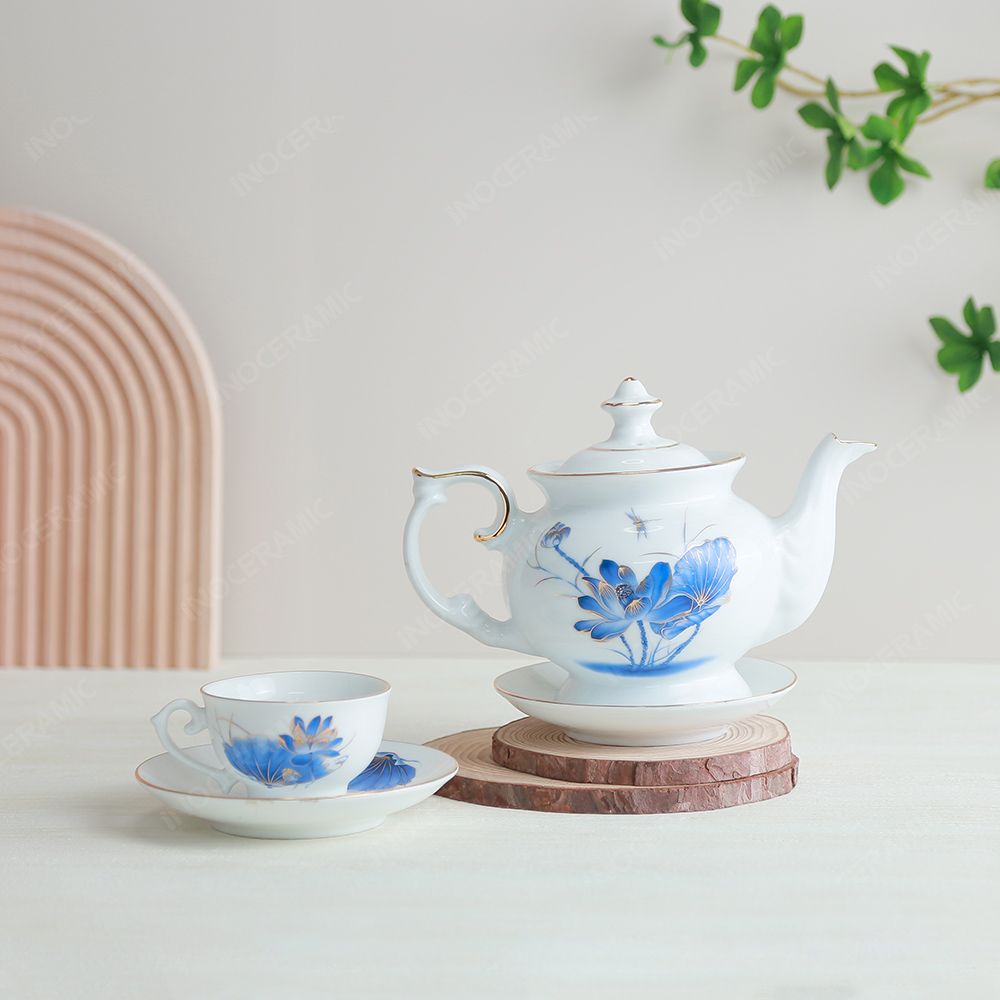 Bộ ấm trà Đài Các sen chuồn xanh chỉ vàng
