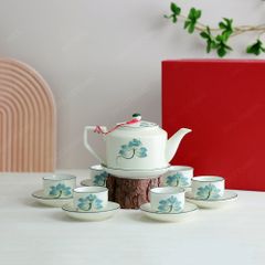Bộ ấm trà dáng ấm men ngà sen xanh vẽ tay